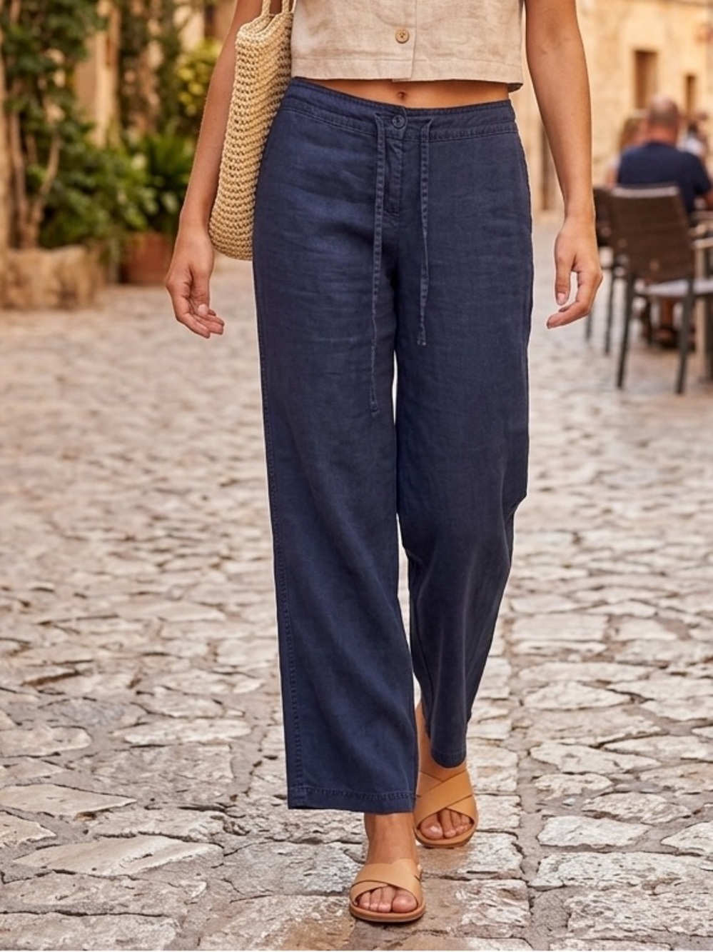 Tommy Bahama Pants Womens Size 2 Blue 100% Linen Drawstring Straight Leg Casual